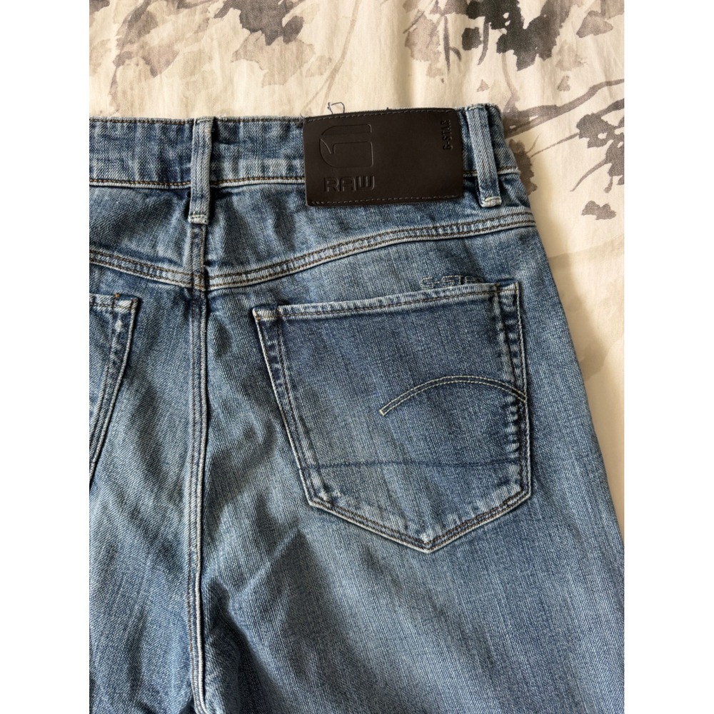 G-Star Raw 3301 Straight Leg Jeans Blue Medium Wash Distressed Stretch Denim